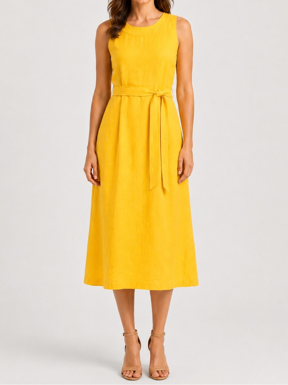 Nicole Miller Yellow 100% Linen Belted Midi Dress Size 8 NWT Pockets
